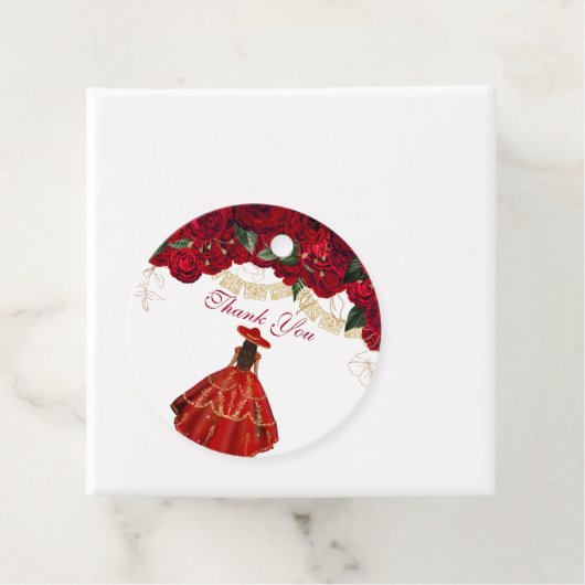 Red Roses Elegant Floral Charro Quinceanera Bedankjes Labels (In situ)