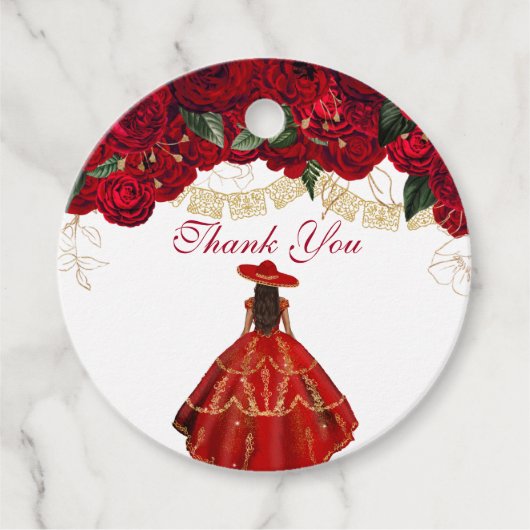 Red Roses Elegant Floral Charro Quinceanera Bedankjes Labels (Voorkant)