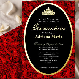 Red Roses Elegant Gold Floral Quinceanera   Folie Uitnodiging