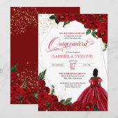 Red Roses Elegant Gown Afrolatina Quinceanera Kaart (Voorkant / Achterkant)