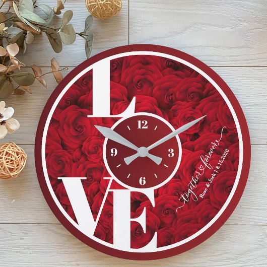 Red Roses Elegant Love Typografie Paar Valentijn Grote Klok