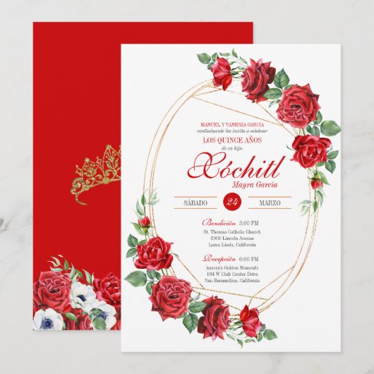 Red Roses Elegant Luxury Quinceanera Kaart (Voorkant / Achterkant)