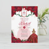 Red Roses Elegant Princess Castle Quinceanera Kaart (Staand voorkant)
