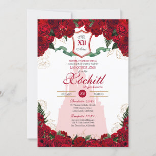 Red Roses Elegant Princess Royalty Quinceanera Kaart