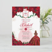 Red Roses Elegant Royal Princess Quinceanera Kaart (Staand voorkant)