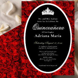 Red Roses Elegant Silver Floral Quinceanera   Folie Uitnodiging