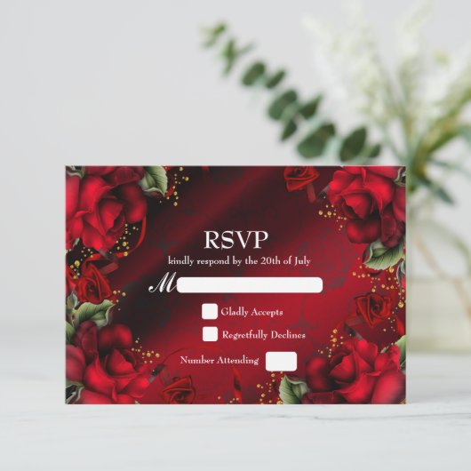 Red Roses Elegante Gotische Huwelijk RSVP Kaart (Staand voorkant)