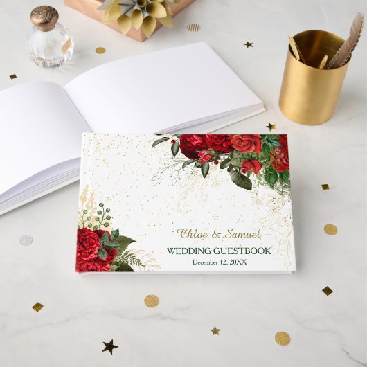 Red Roses en Confetti bruiloft Gastenboek (Voorkant open)