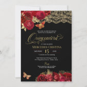 Red Roses en Gold Lace Glam Butterfly Quinceañera Kaart (Voorkant)