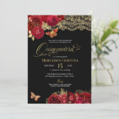 Red Roses en Gold Lace Glam Butterfly Quinceañera Kaart (Staand voorkant)