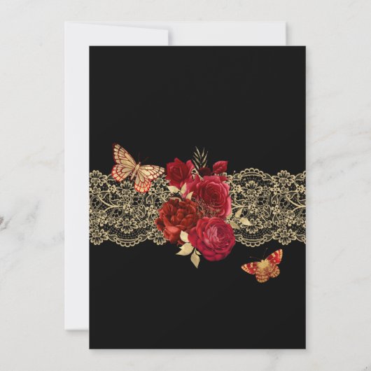 Red Roses en Gold Lace Glam Butterfly Quinceañera Kaart (Achterkant)