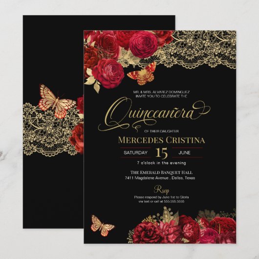 Red Roses en Gold Lace Glam Butterfly Quinceañera Kaart (Voorkant / Achterkant)