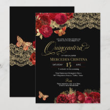 Red Roses en Gold Lace Glam Butterfly Quinceañera