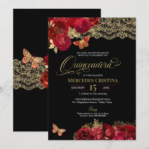Red Roses en Gold Lace Glam Butterfly Quinceañera Kaart