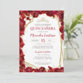 Red Roses en Gold Quinceanera met Tiara Kaart (Staand voorkant)