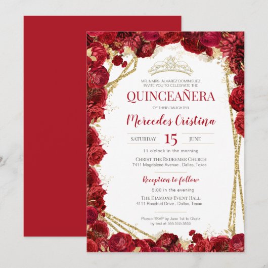 Red Roses en Gold Quinceanera met Tiara Kaart (Voorkant / Achterkant)