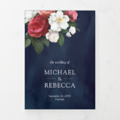 Red Roses en White Magnolia Navy Blue Wedding Drieluik Uitnodiging (Cover)
