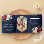 Red Roses en White Magnolia Navy Blue Wedding Drieluik Uitnodiging<br><div class="desc">Verrijk je gasten met deze elegante trouwuitnodiging die mooie bloemen bevat met een afneembare RSVP-kaart. Voeg eenvoudig uw gebeurtenisdetails op deze makkelijk te gebruiken sjabloon toe en voeg deze kaart met uw favoriete foto toe om tot het één-van-een-soort uitnodiging te maken.</div>