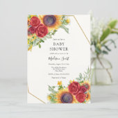 Red Roses en Zonnebloemen Baby shower Invitation Kaart (Staand voorkant)