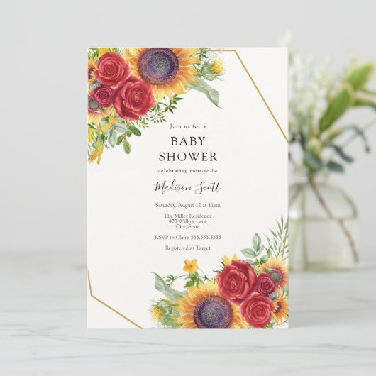 Red Roses en Zonnebloemen Baby shower Invitation Kaart (Staand voorkant)