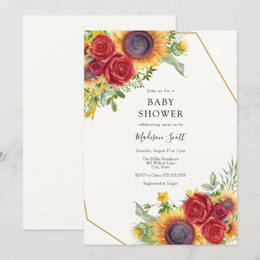 Red Roses en Zonnebloemen Baby shower Invitation Kaart (Voorkant / Achterkant)