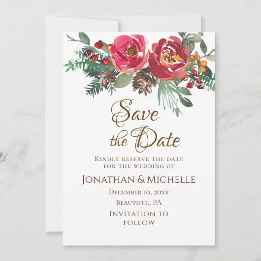 Red Roses Evergreen Winter Kerstbruiloft Save The Date (Voorkant)