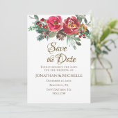 Red Roses Evergreen Winter Kerstbruiloft Save The Date (Staand voorkant)