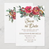 Red Roses Evergreen Winter Kerstbruiloft Save The Date (Voorkant / Achterkant)