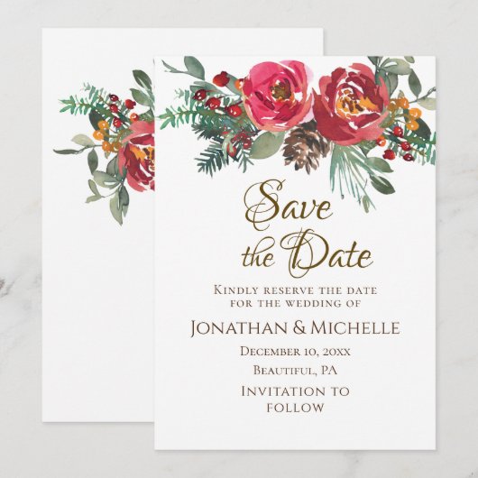 Red Roses Evergreen Winter Kerstbruiloft Save The Date (Voorkant / Achterkant)