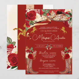 Red Roses Fancy Mariachi Charra Quinceanera Kaart