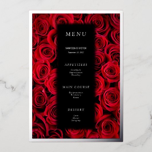 Red Roses Faux Silver Black Luxury Weddenschap Men Folie Uitnodiging (Voorkant)