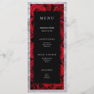 Red Roses Faux Silver Black Luxury Wedding Menu