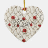 Red Roses Faux Wood Floral Christmas Keramisch Ornament (Voorkant)