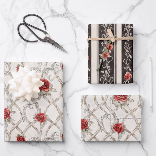 Red Roses Faux Wood Floral Wedding Inpakpapier Vel (Voorkant)