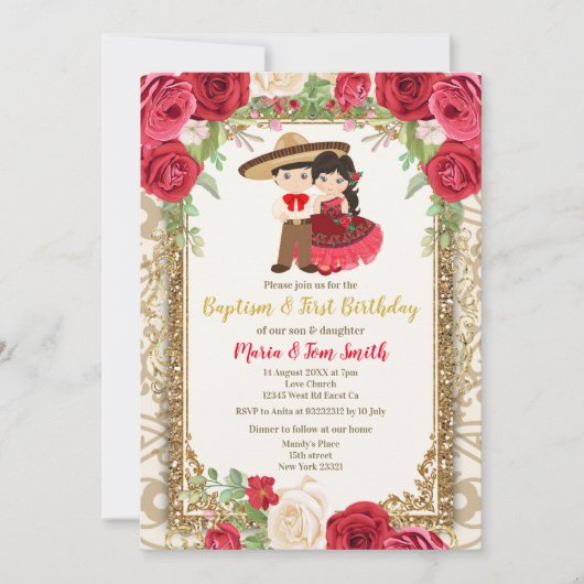 Red Roses Fiesta Birthday en Baptisme voor tweelin Kaart (Voorkant)