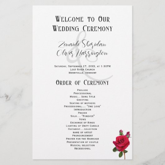 Red Roses Flat Sheet Bruiloft Programma (Voorkant)