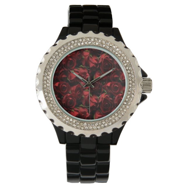 Red Roses Floral Black Watch Horloge (Voorkant)