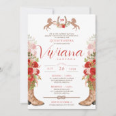 Red Roses Floral Boots Western Charra Quinceanera Kaart (Voorkant)