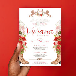Red Roses Floral Boots Western Charra Quinceanera Kaart