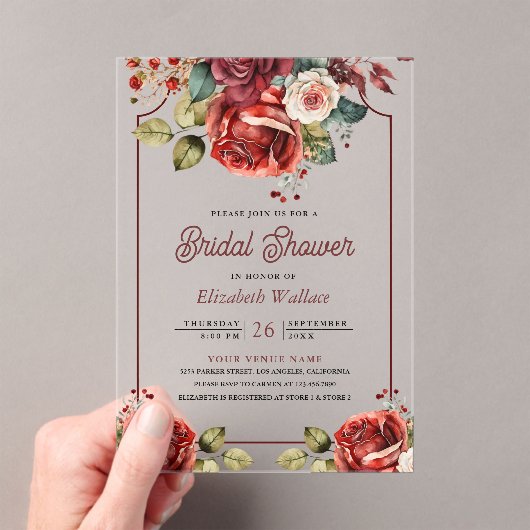 Red Roses Floral Bridal Shower Acryl Uitnodigingen (Insitu (Draagbaar))