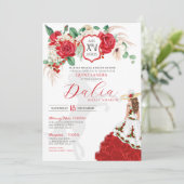 Red Roses Floral Crest Elegant Charra Quinceanera Kaart (Staand voorkant)