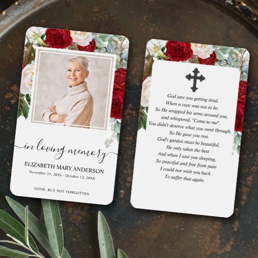 Red Roses Floral Foto Sympathie Funeral Prayer Visitekaartje