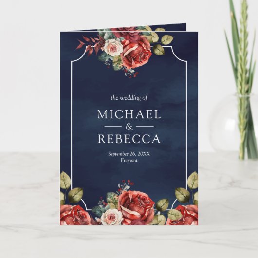 Red Roses Floral Frame Navy Blue QR Code Wedding (Voorkant)