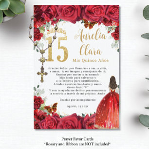 Red Roses Floral Gold Quinceañera 15 Prayer Kaart