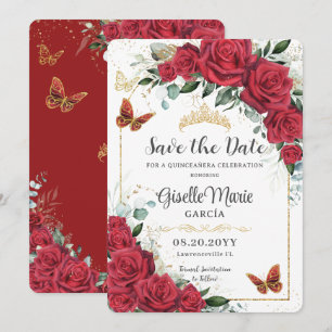 Red Roses Floral Gold Quinceañera Butterflies Arch Save The Date