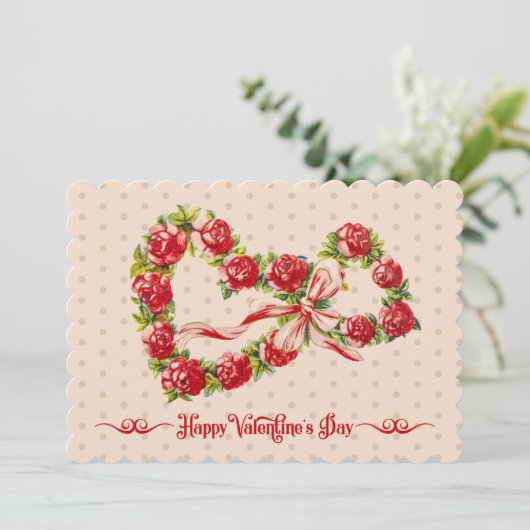 Red Roses Floral Heart Wreath Elegant Cute  Feestdagenkaart (Staand voorkant)