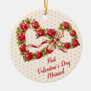 Red Roses Floral Heart Wreath Elegant Cute  Keramisch Ornament