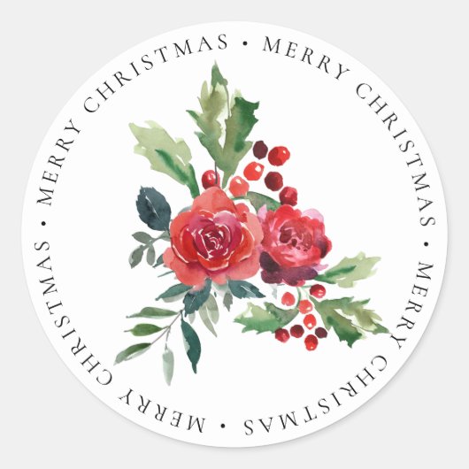 Red Roses Floral Holly Merry kerst Ronde Sticker (Voorkant)