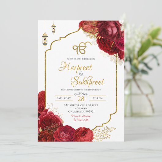 Red Roses Floral Ik Onkar Indian Wedding Kaart (Staand voorkant)