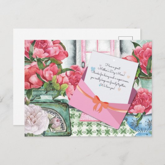 Red Roses Floral Letter Envelope Moederdag Briefkaart (Voorkant / Achterkant)